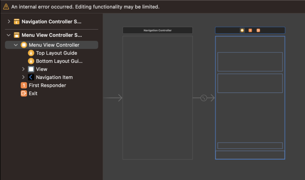 【Error】Storyboardが青枠だけになって「An internal error occured. Editing ...